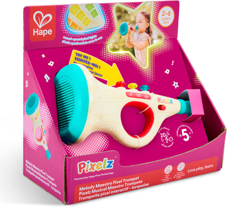 Pixelz toy trumpet packaging with Hape logo on a pink background