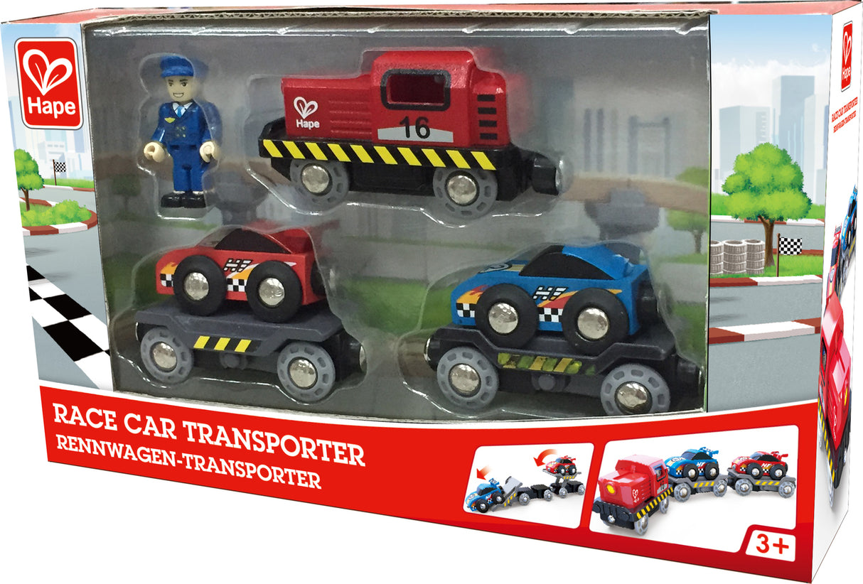 Hape race car transporter toy set packaging with toy cars and driver figure.