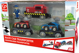 Hape race car transporter toy set packaging with toy cars and driver figure.