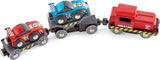 Three toy train cars in red, blue, and gray included with the Race Car Transporter on a white background