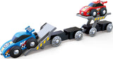 Toy race car set with a blue car on a trailer and a red car on top, on a white background.