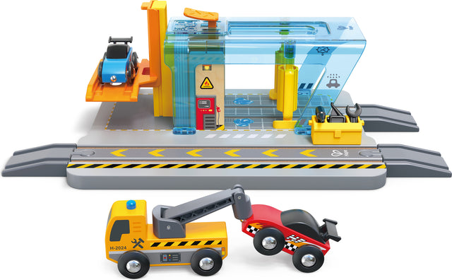 Toy Repair & Wash Station set with crane, truck, and building blocks on a white background