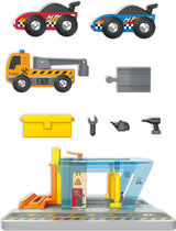 Toy Repair & Wash Station set with racing cars, tow truck, and tools on a white background