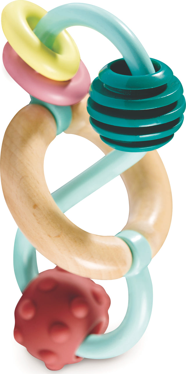 Colorful baby Bead Maze teething ring with multiple textures on a white background