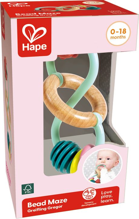 Hape Bead Maze toy packaging with a baby image on a pink background