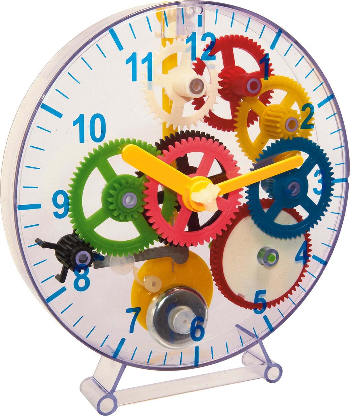 A colorful DIY Clock with a white face, blue numerals, and multiple interlocking gears in green, red, yellow, blue, and cream, supported by a clear plastic stand.