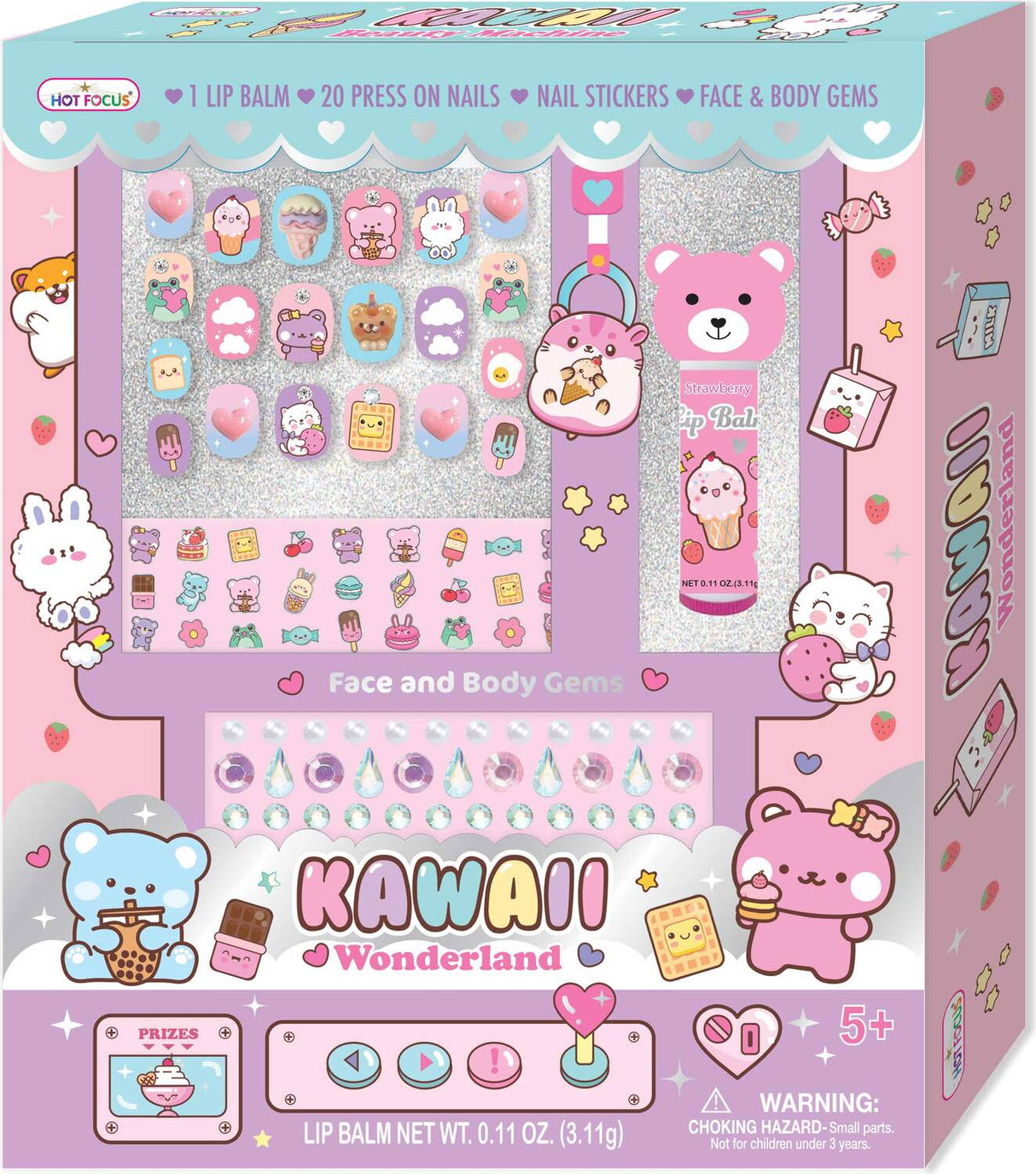 Beauty Wonderland, Critters Kawaii-themed product packaging with lip balm, press-on nails, nail stickers, and face/body gems.