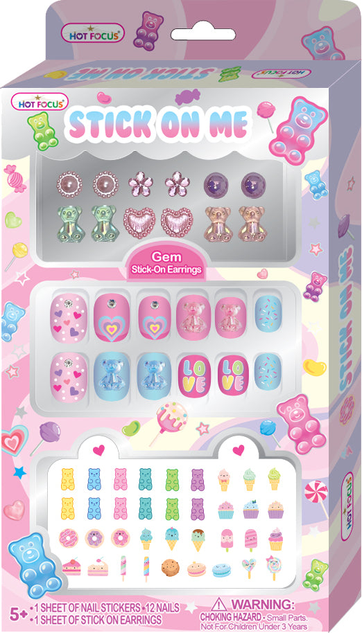 Packaging of 'Stick On Me' nail stickers and earrings with colorful designs on a white background.