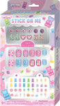 Packaging of 'Stick On Me' nail stickers and earrings with colorful designs on a white background.