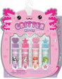 Pink packaging of Critter Kisses lip balm set with cartoon axolotl design