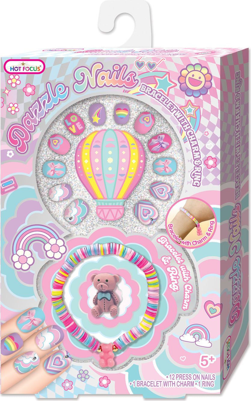 Box of Dazzle Nails craft kit with colorful design and hot air balloon illustration.