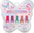 Set of five scented water-based nail polish bottles with a colorful butterfly design on the packaging.