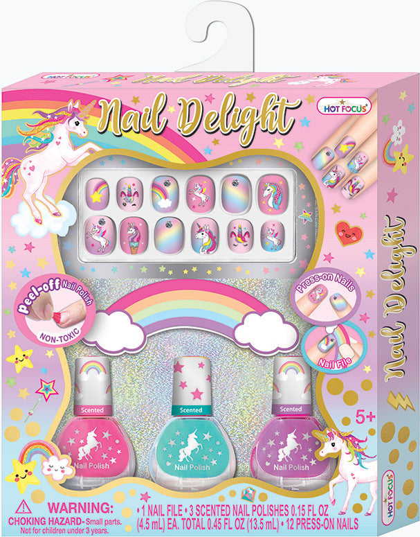 Hot Focus Nail Delight, Unicorn packaging with nail files, polish bottles, and press-on nails on a white background.