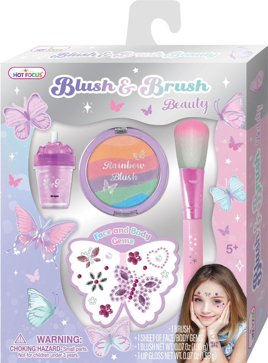Children's Blush & Brush Beauty, Tie Dye Butterfly set with blush, brush, and face gel in packaging, featuring butterflies and a girl applying makeup.