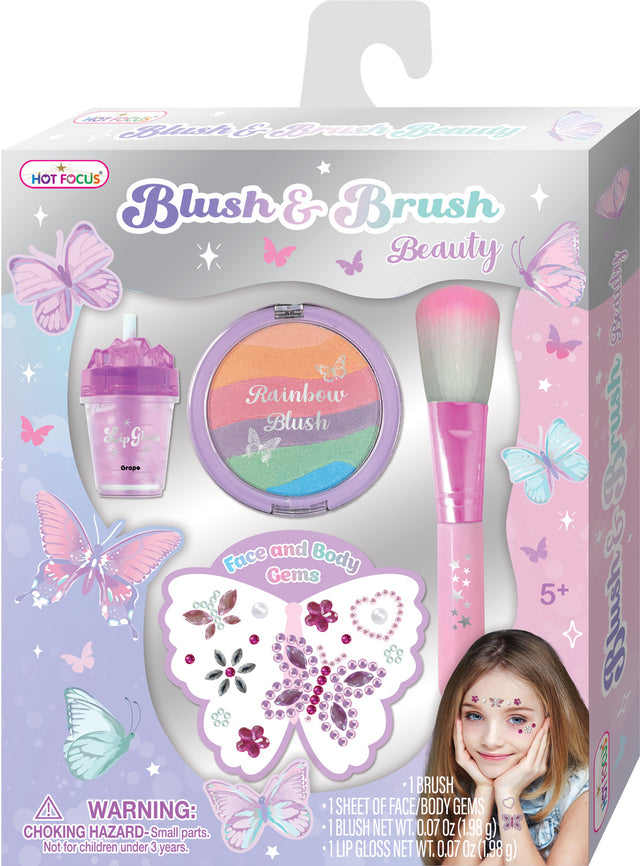Children's Blush & Brush Beauty, Tie Dye Butterfly set with blush, brush, and face gel in packaging, featuring butterflies and a girl applying makeup.