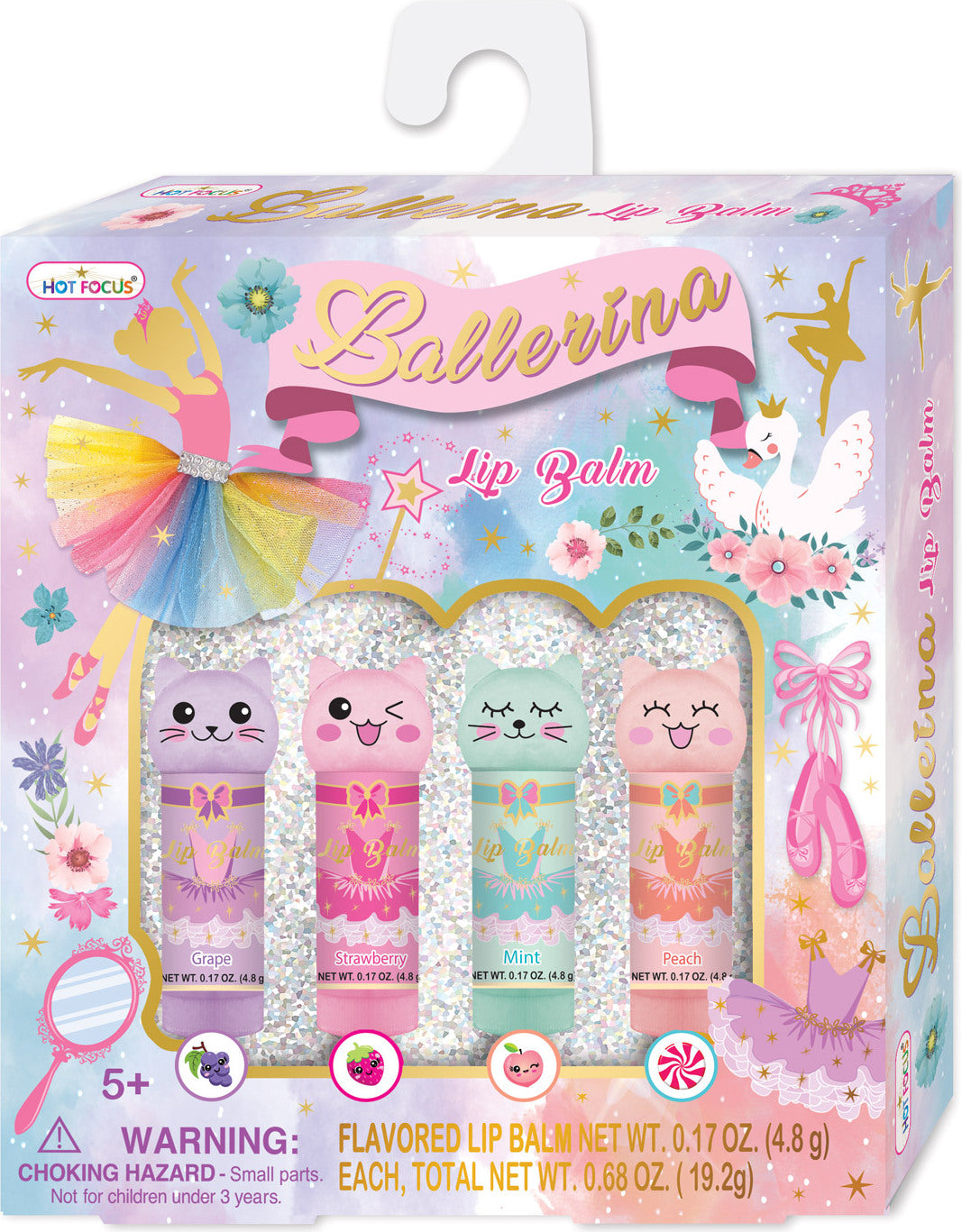Ballerina Beauties lip balm set with colorful packaging on a white background