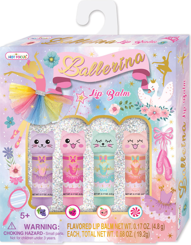 Ballerina Beauties lip balm set with colorful packaging on a white background