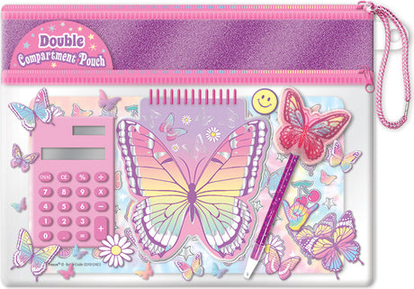 Smart Helper, Tie Dye Butterfly  pouch with butterfly design, calculator, notebook, and pen.