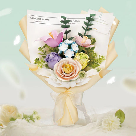 Spring Time Bouquet DIY 3D Puzzle with a decorative paper label on a light green background.