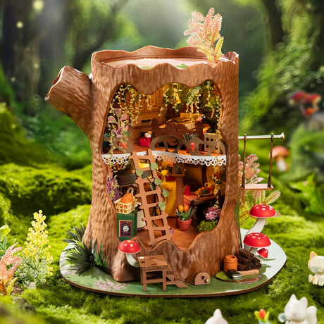 Fairytale Tree House DIY Miniature House with miniature furniture and decorations in a forest setting