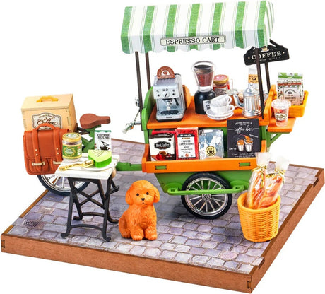 Aromatic Coffee Cart DIY Miniature House with coffee-making equipment and accessories on a model street scene.