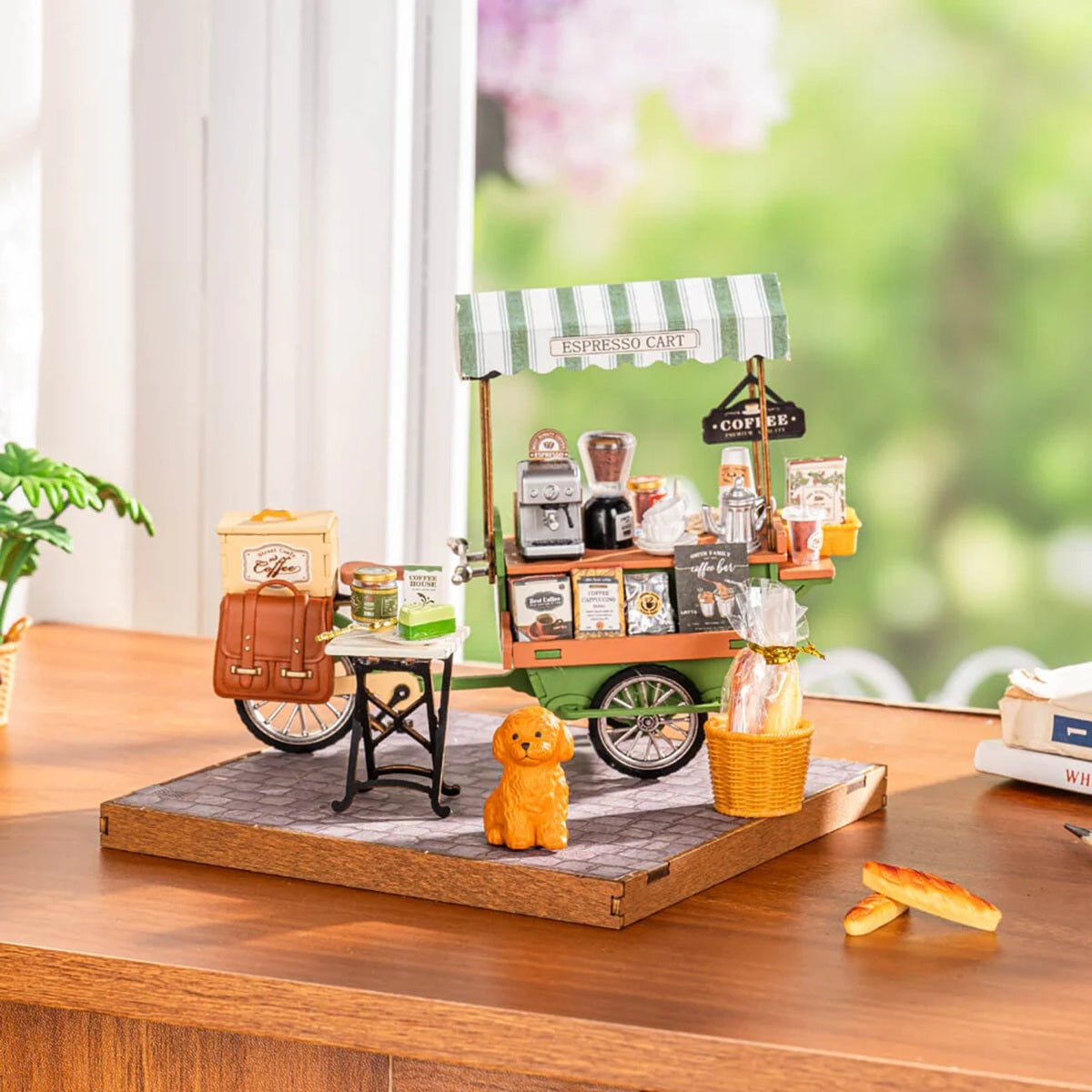 Aromatic Coffee Cart DIY Miniature House set on a wooden surface with a blurred outdoor background