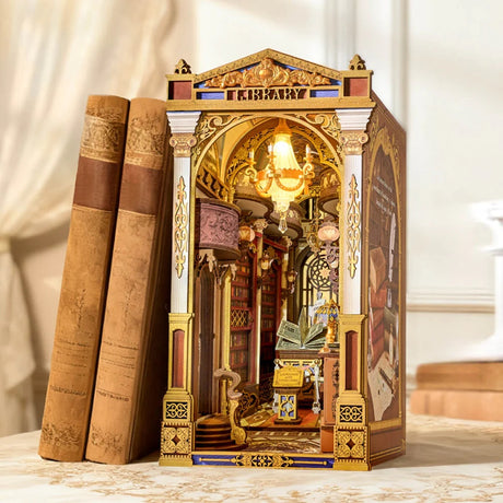 Decorative Library of Wonders DIY Book Nook with intricate design and books on a neutral background