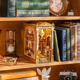 Wooden shelf with books, and a Library of Wonders DIY Book Nook, and a camera.