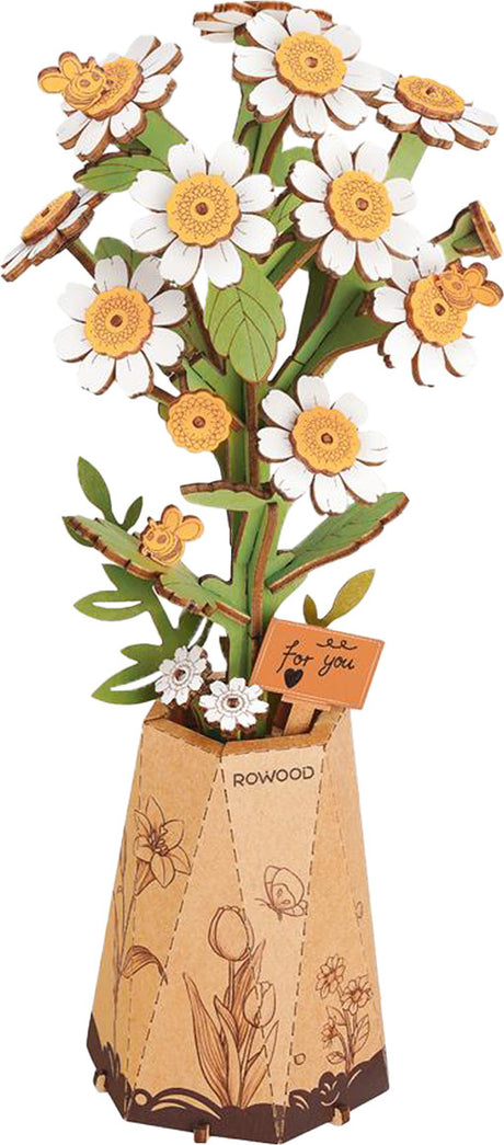 Chamomile DIY Wooden Flower 3D Puzzle in a wooden vase, featuring the brand 'Rowood'.