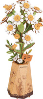 Chamomile DIY Wooden Flower 3D Puzzle in a wooden vase, featuring the brand 'Rowood'.