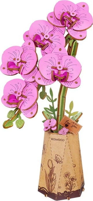 Decorative Purple Moth Orchid DIY Wooden Flower with a vase on a white background