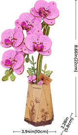 Decorative Purple Moth Orchid DIY Wooden Flower in a vase with measurements on a white background