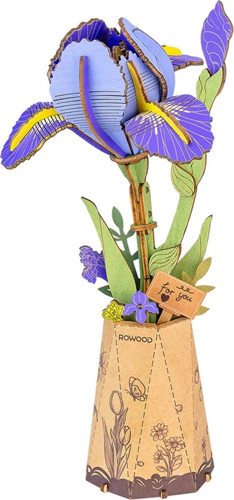 Decorative Purple Iris DIY Wooden Flower 3D Puzzle with a purple iris and green leaves in a decorative pot on a white background.