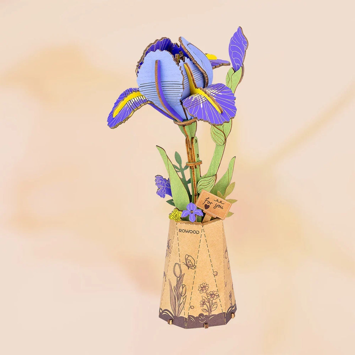 Purple Iris DIY Wooden Flower 3D Puzzle of a iris in a vase on a gradient background