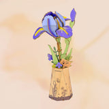 Purple Iris DIY Wooden Flower 3D Puzzle of a iris in a vase on a gradient background