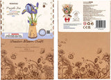 Purple Iris DIY Wooden Flower 3D Puzzle packaging with floral design and branding details.