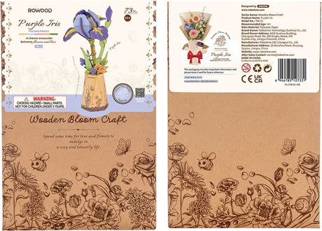 Purple Iris DIY Wooden Flower 3D Puzzle packaging with floral design and branding details.