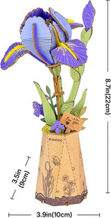 Decorative Purple Iris DIY Wooden Flower 3D Puzzle with a vase, featuring measurements on a white background.