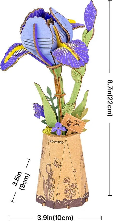 Decorative Purple Iris DIY Wooden Flower 3D Puzzle with a vase, featuring measurements on a white background.