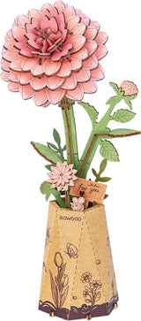 Pink Dahlia DIY Wooden Flower 3D Puzzle with a vase, featuring pink flowers and green leaves on a white background.