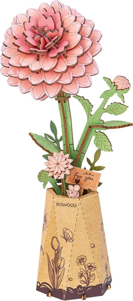 Pink Dahlia DIY Wooden Flower 3D Puzzle with a vase, featuring pink flowers and green leaves on a white background.