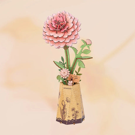 Decorative Pink Dahlia DIY Wooden Flower 3D Puzzle in a vase on a soft gradient background