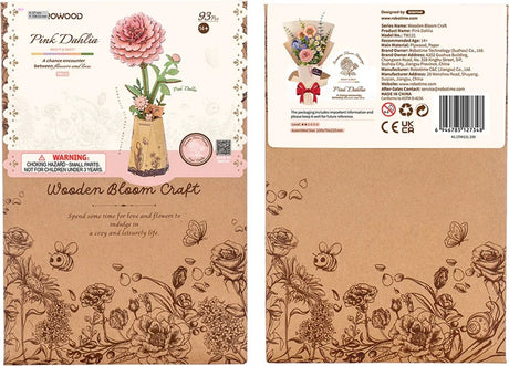 Pink Dahlia DIY Wooden Flower 3D Puzzle packaging with floral design and branding details.