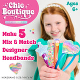 Girl holding colorful headbands with 'Chic Boutique' branding and text about making designer headbands.