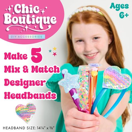 Girl holding colorful headbands with 'Chic Boutique' branding and text about making designer headbands.