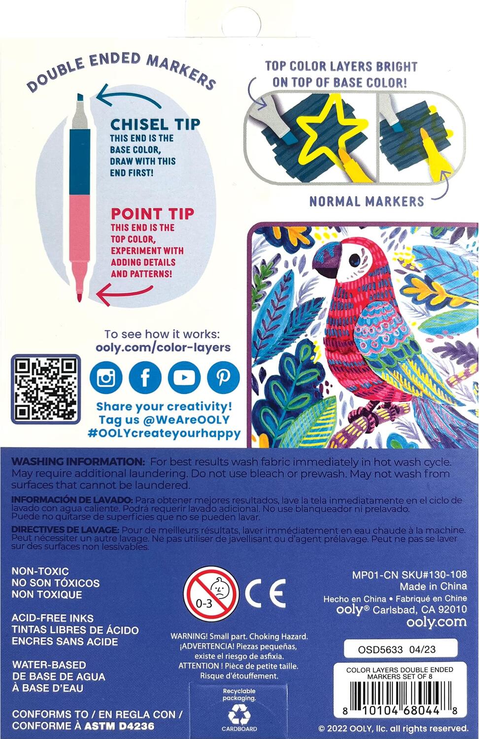 OLY double-ended markers packaging with colorful illustrations of birds and text on a white background