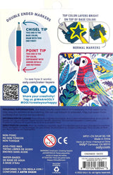 OLY double-ended markers packaging with colorful illustrations of birds and text on a white background