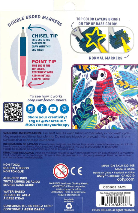 OLY double-ended markers packaging with colorful illustrations of birds and text on a white background