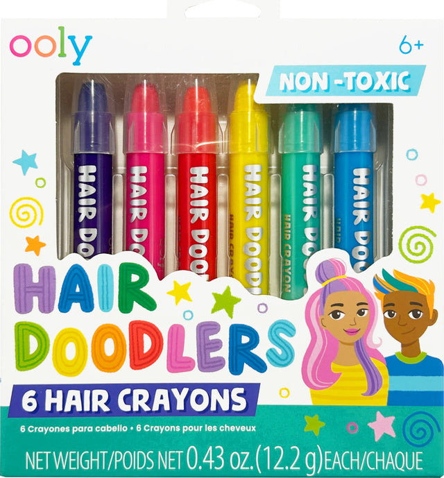 Packaging of Ooly Hair Doodlers hair crayons with colorful hair dye markers and illustrations of children with styled hair.