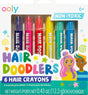 Packaging of Ooly Hair Doodlers hair crayons with colorful hair dye markers and illustrations of children with styled hair.
